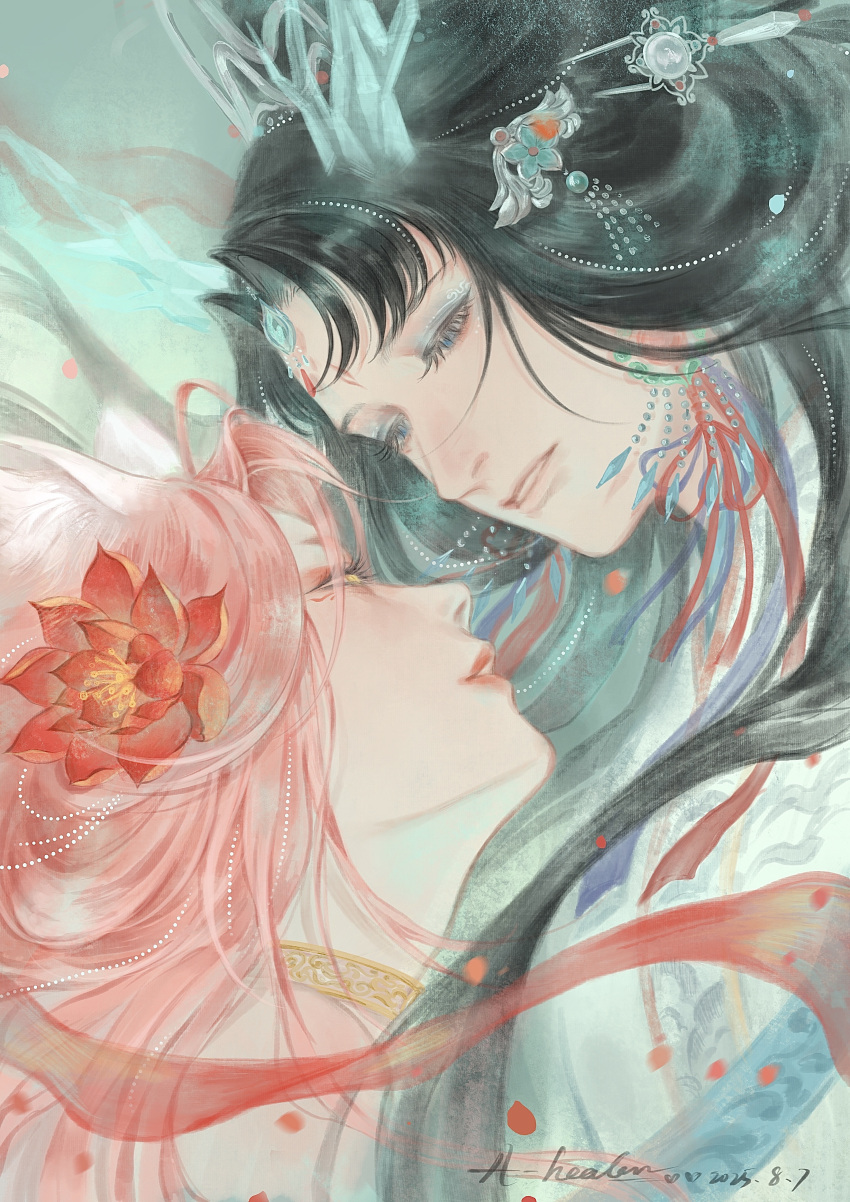 2girls, a_healer, absurdres, animal_ear_fluff, animal_ears, bare_shoulders, beads, black_hair, blue_background, blue_eyes, blue_eyeshadow, blue_gemstone, blue_hanfu, blue_horns, chinese_clothes, chinese_commentary, choker, clouded_loong_(infinity_nikki), commentary_request, dated, dragon_horns, eye_contact, eyelashes, eyeshadow, floating_hair, flower, forehead_jewel, forever_bond_(infinity_nikki), fox_ears, gem, gold_choker, hagoromo, hair_beads, hair_bun, hair_flower, hair_ornament, half-closed_eyes, half_updo, hanfu, highres, horns, imminent_kiss, infinity_nikki, lipstick, long_hair, long_sidelocks, looking_at_another, lotus, makeup, multiple_girls, nikki_(series), nostrils, parted_lips, pink_eyeshadow, pink_hair, pointy_nose, procreate_(medium), realistic, red_flower, red_lips, red_ribbon, ribbon, shawl, sidelocks, signature, single_side_bun, smile, tassel, teeth, upper_body, wind, yellow_eyes, yuri