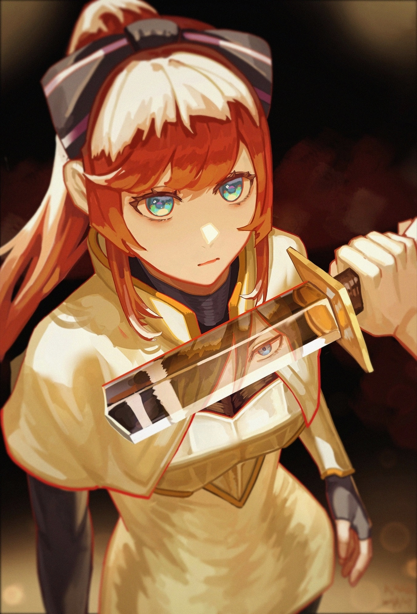 1boy, armor, blue_eyes, bow, brown_hair, close-up, closed_mouth, determined