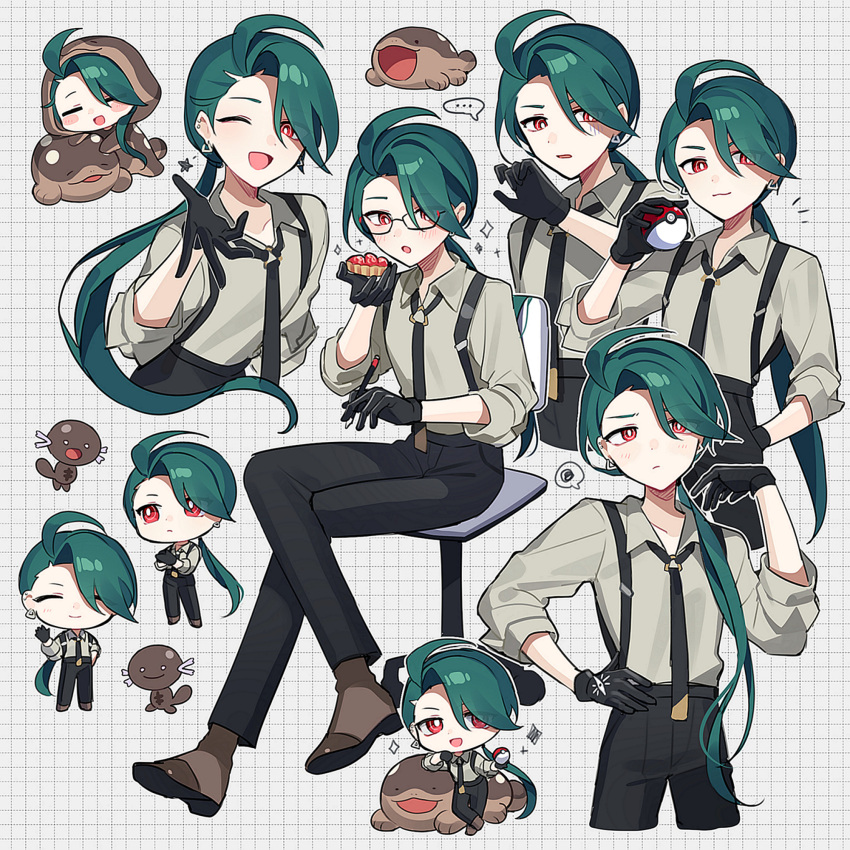 1girl, ahoge, androgynous, black_gloves, black_necktie, black_pants, blush, boots