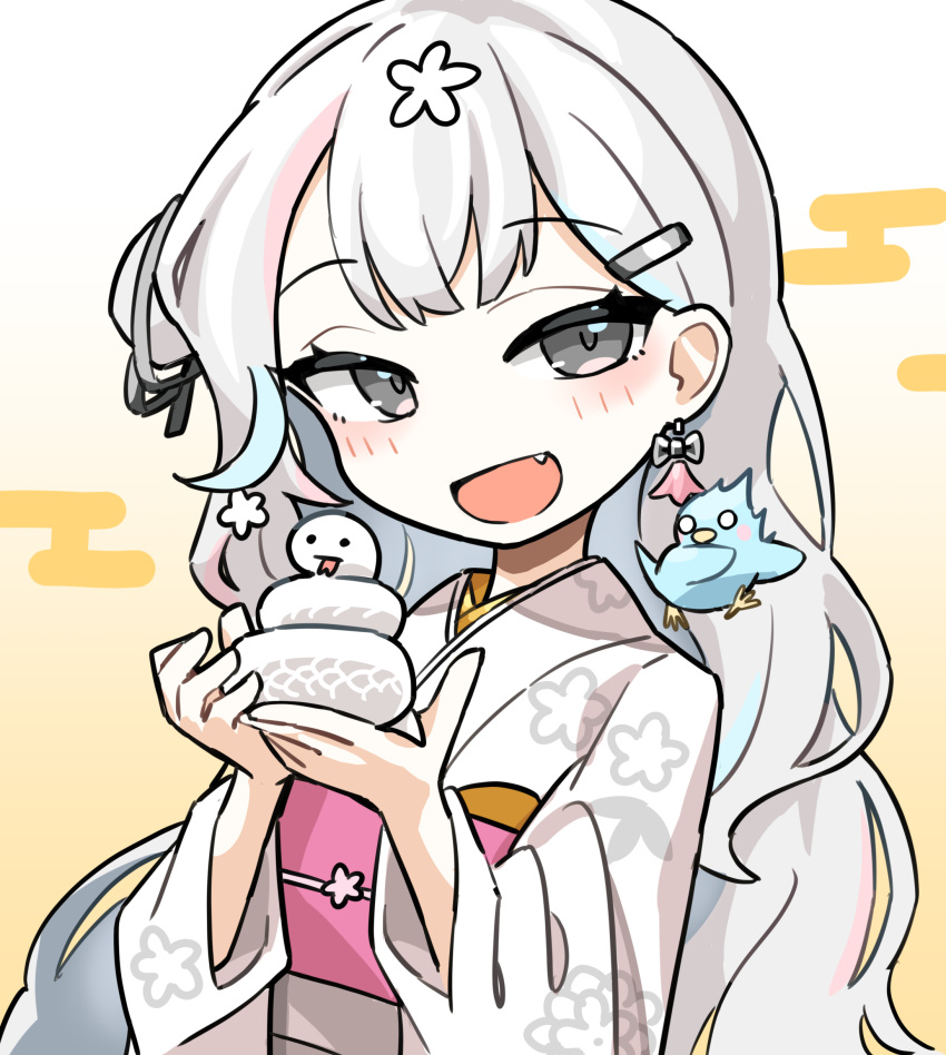 1girl, absurdres, animal, bird, blush, earrings, egasumi, fang