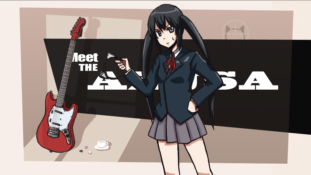 animal_ears, black_eyes, black_hair, cat_ears, crossover, cup, electric_guitar, guitar
