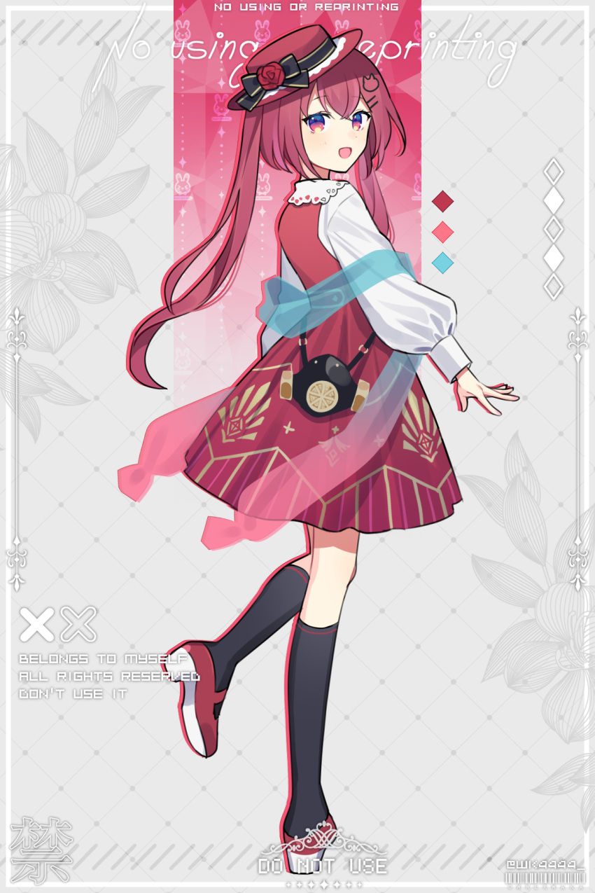 1girl, :d, amagase_muyu, bag, black_bow, black_socks, bow, cat_hair_ornament