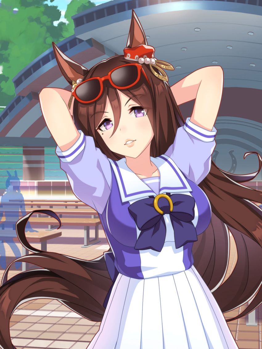 1girl, absurdres, animal_ears, arms_behind_head, artist_request, back_bow, bare_arms, bench