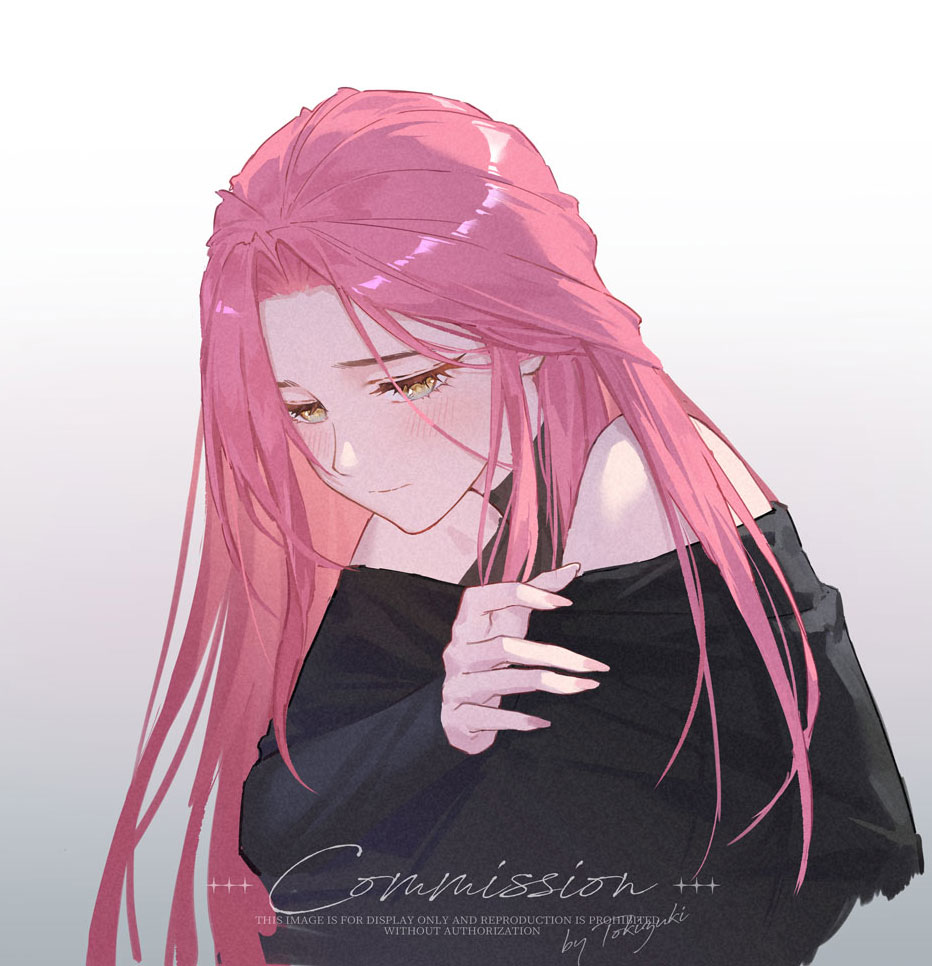 1girl, alien_stage, black_shirt, clothing_cutout, commentary, commission, long_hair, long_sleeves