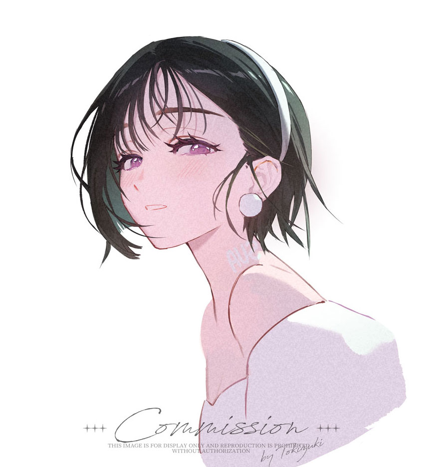 1girl, alien_stage, black_hair, commentary, commission, earrings, from_side, hairband