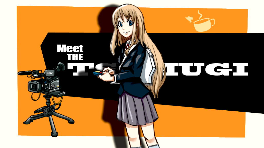 blonde_hair, blue_eyes, camcorder, camera, crossover, cup, instrument, k-on!