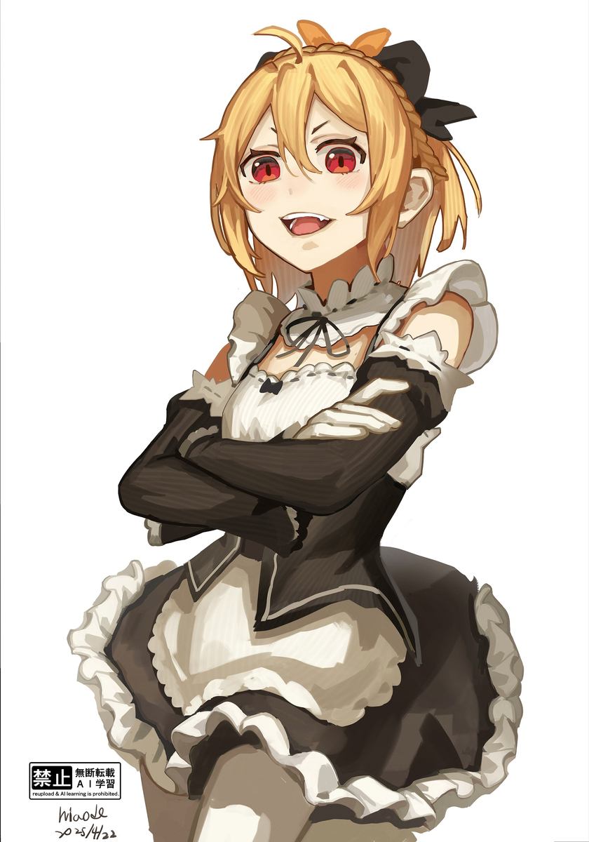 1girl, blonde_hair, bow, braid, crossed_arms, detached_sleeves, fang, felt_(re:zero), frills, gloves, highres, light_blush, maid, niao_de, open_mouth, re:zero_kara_hajimeru_isekai_seikatsu, red_eyes, short_hair, smug, solo, white_background, white_gloves