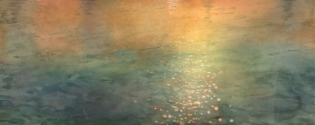 evening, kazuyuki_hashimoto, no_humans, ocean, original, painting_(medium), reflection, reflective_water, scenery, shadow, sunlight, sunset, traditional_media, water, watercolor_(medium)