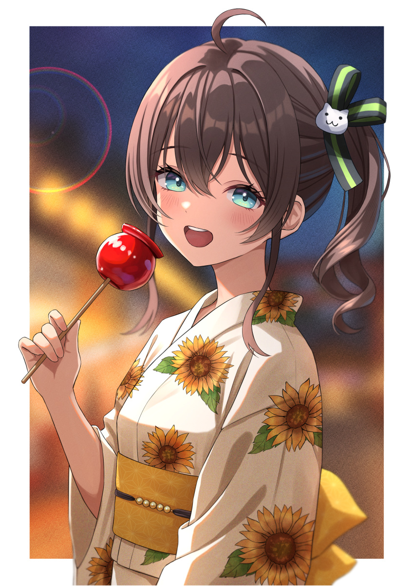 1girl, :d, absurdres, ahoge, blue_eyes, blush, brown_hair, candy_apple, commentary_request, floral_print, food, hair_between_eyes, hair_ribbon, hal_(haldayo913), highres, holding, holding_candy_apple, holding_food, hololive, japanese_clothes, kimono, long_hair, looking_at_viewer, natsuiro_matsuri, open_mouth, print_kimono, ribbon, side_ponytail, smile, solo, striped_ribbon, sunflower_print, teeth, tongue, upper_teeth_only, virtual_youtuber, white_kimono