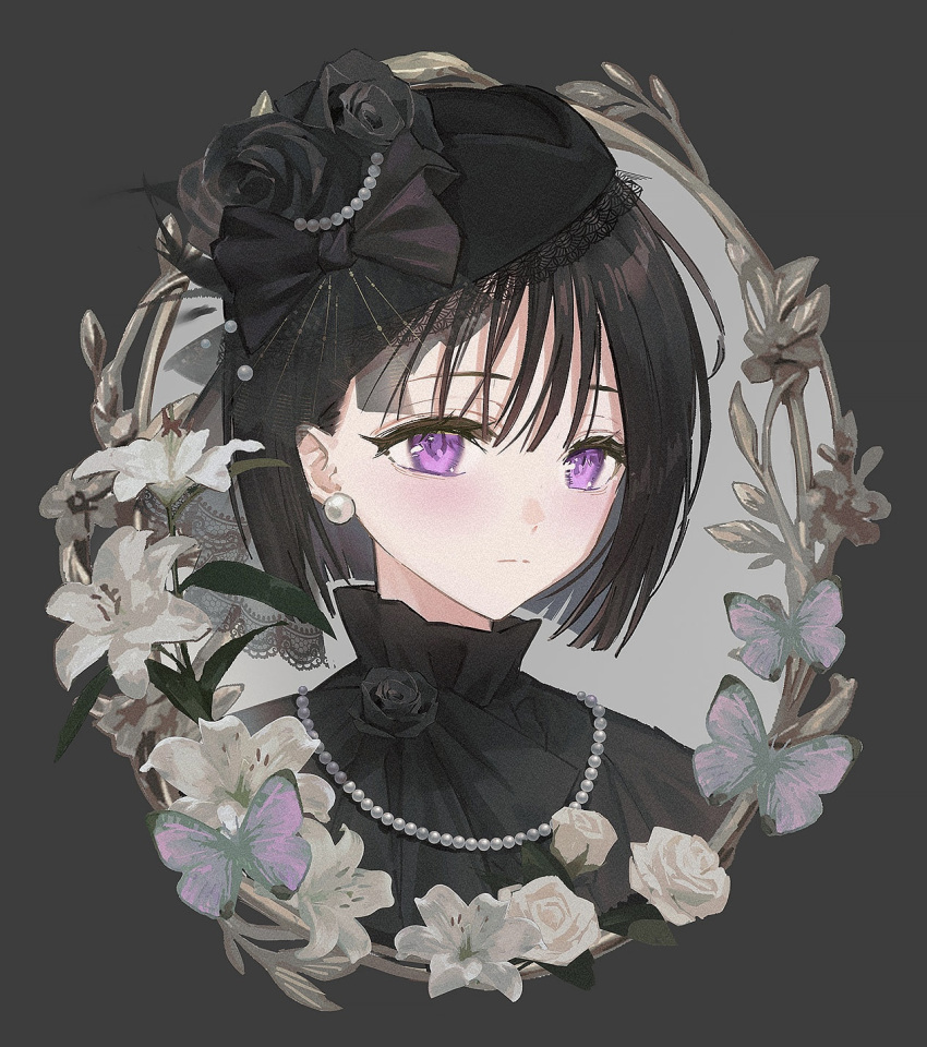 1girl, alien_stage, alternate_costume, black_bow, black_dress, black_flower, black_hair, black_rose