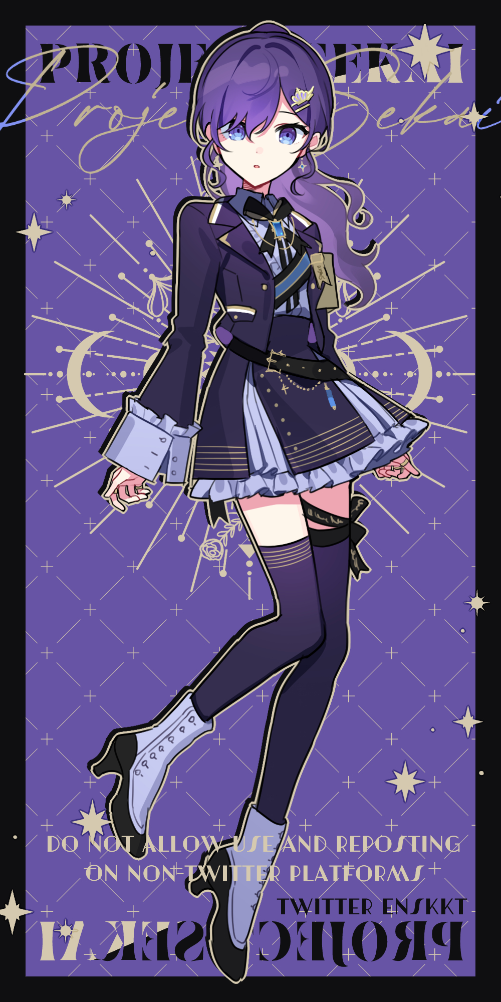 1girl, asahina_mafuyu, belt, black_belt, black_bow, black_bowtie, blue_shirt, boots, bow, bowtie, commentary_request, copyright_name, crown_hair_ornament, earrings, frilled_sleeves, frills, full_body, gold_trim, hair_ornament, hairclip, high_ponytail, highres, jacket, jewelry, long_hair, long_sleeves, looking_at_viewer, magic_academy_of_sekai_(project_sekai), miniskirt, ponytail, project_sekai, purple_background, purple_hair, purple_jacket, purple_skirt, purple_theme, purple_thighhighs, shirt, skirt, sleeve_cuffs, solo, thigh-highs, thigh_bow, violet_eyes, waka_(wk4444), white_boots
