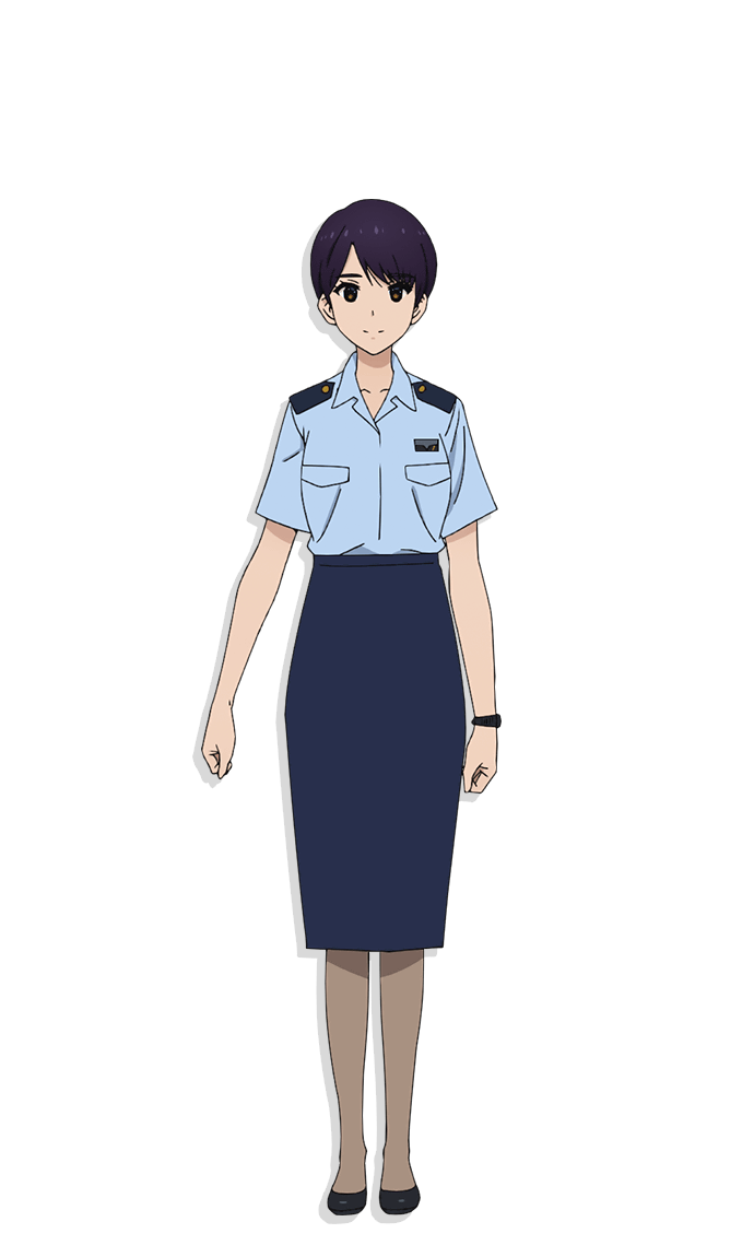 1girl, anime_coloring, black_hair, black_shoes, blue_shirt, blue_sky, breasts, brown_eyes, clenched_hands, closed_mouth, collarbone, collared_shirt, flats, full_body, honoka_suzunagi, looking_at_viewer, military_uniform, motomura_kouichi, official_art, pantyhose, pencil_skirt, shirt, shoes, short_hair, short_sleeves, simple_background, skirt, sky, smile, solo, standing, transparent_background, watch, watch, yuuki_bakuhatsu_bang_bravern