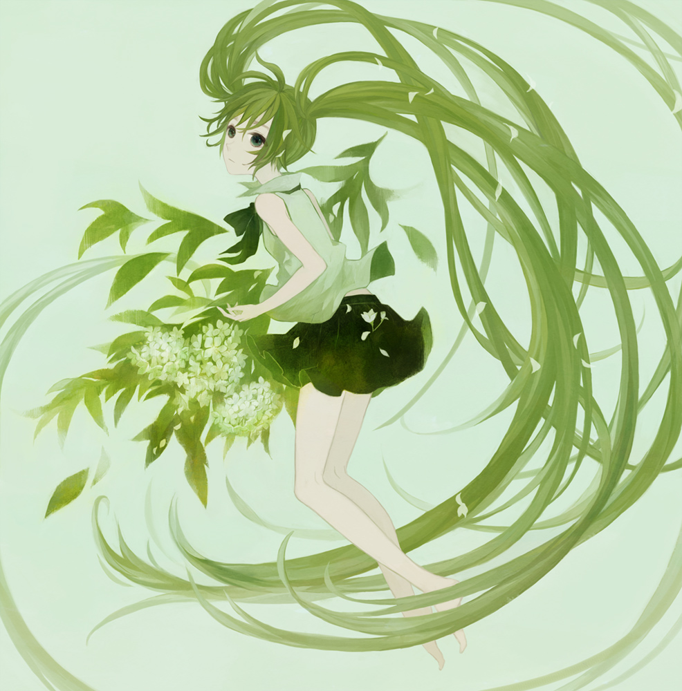 72_(nananatsu), bare_legs, bare_shoulders, barefoot, flower, gabaisuito-n, green_eyes, green_hair, hatsune_miku, leaf, long_hair, simple_background, sleeveless, twintails, very_long_hair, vocaloid