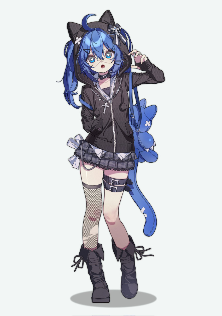 0_o_s_k, 1girl, ahoge, black_boots, black_collar, black_hoodie, black_thighhighs, blue_eyes