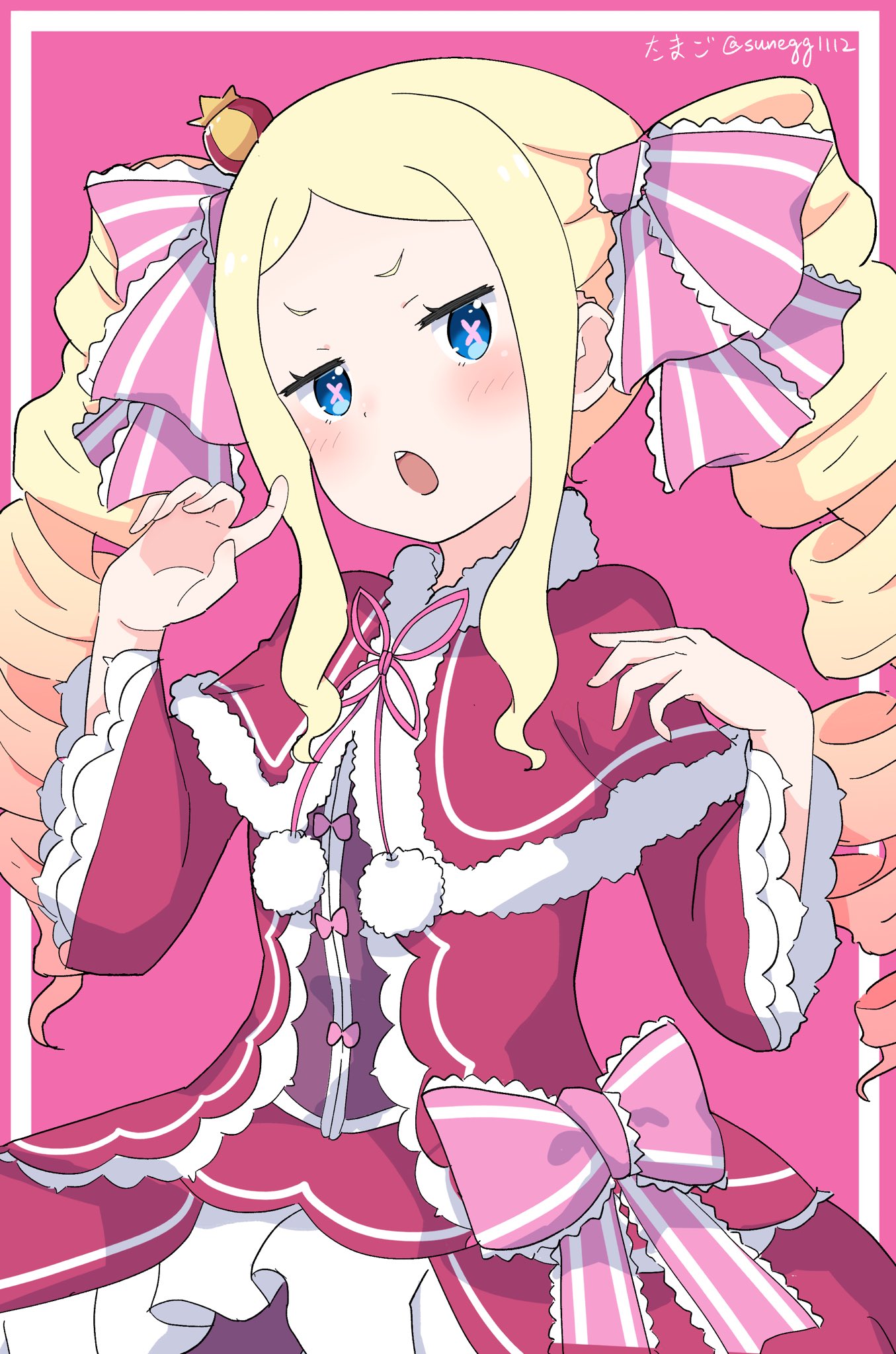 1girl, beatrice_(re:zero), blonde_hair, blue_eyes, blush, bow, crown, dress