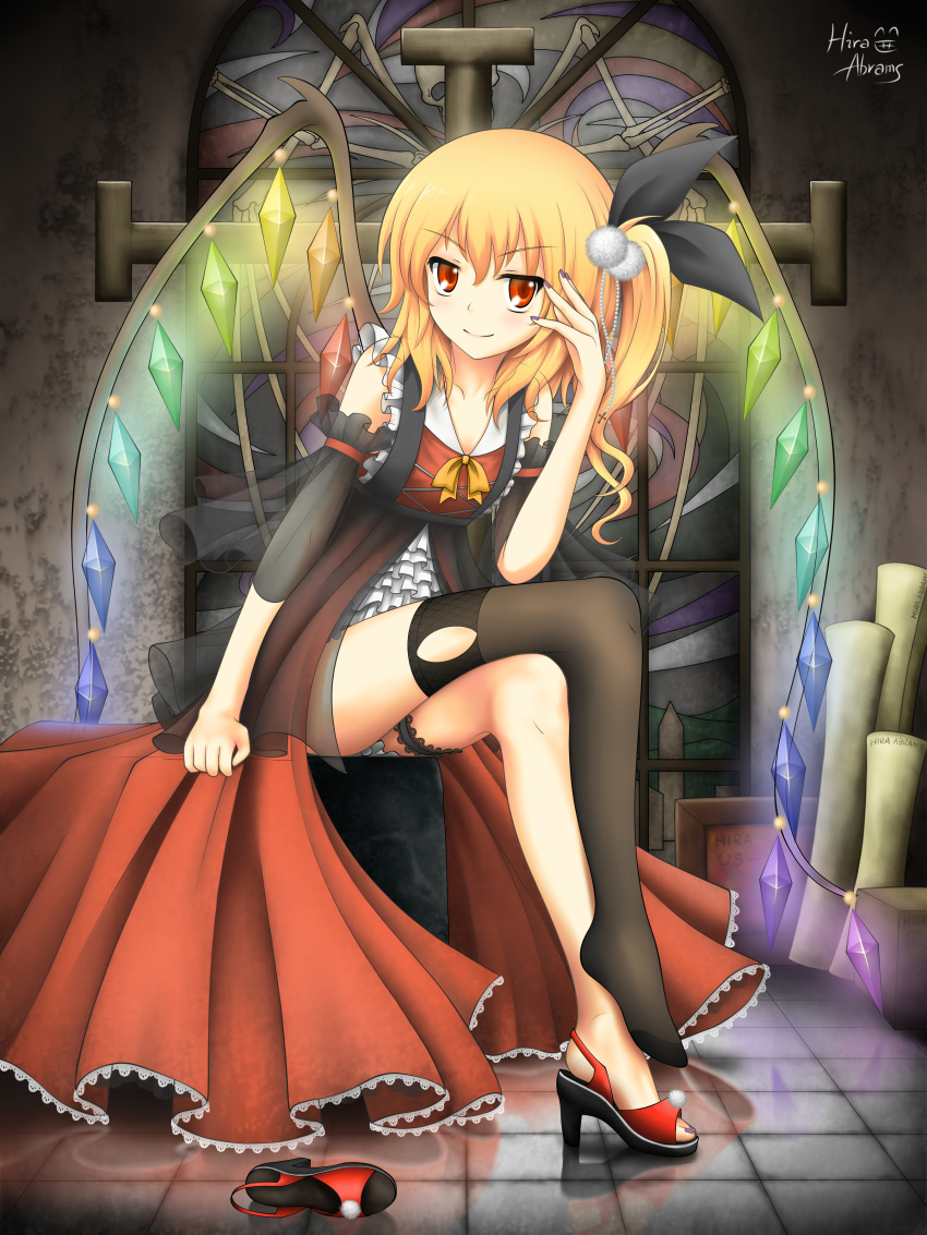 absurdres, alternate_costume, black_legwear, blonde_hair, crossed_legs, crystal, dress, flandre_scarlet
