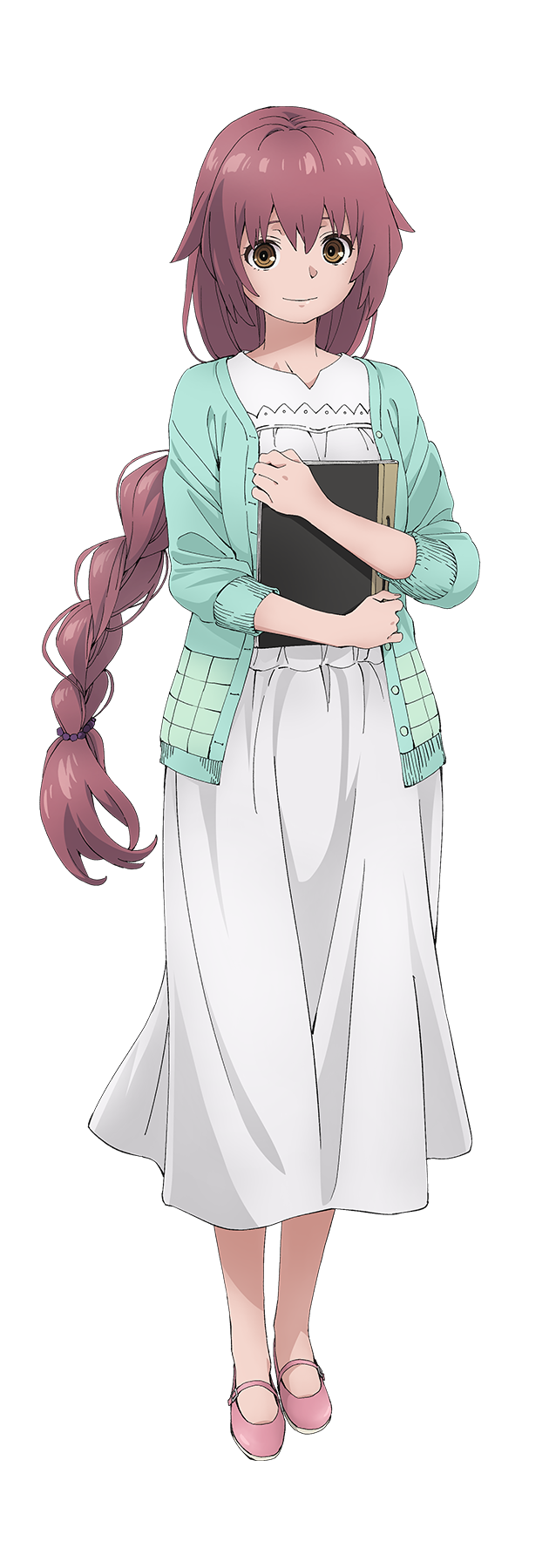 1girl, anime_coloring, blue_eyes, braid, braided_ponytail, breasts, brown_eyes, cardigan