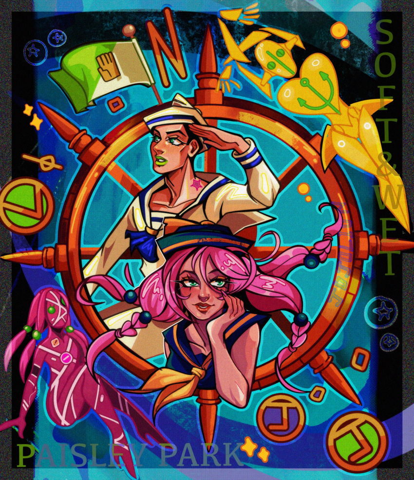1boy, 1girl, 2others, anchor_ornament, arizuume, birthmark, black_hair, blue_hat