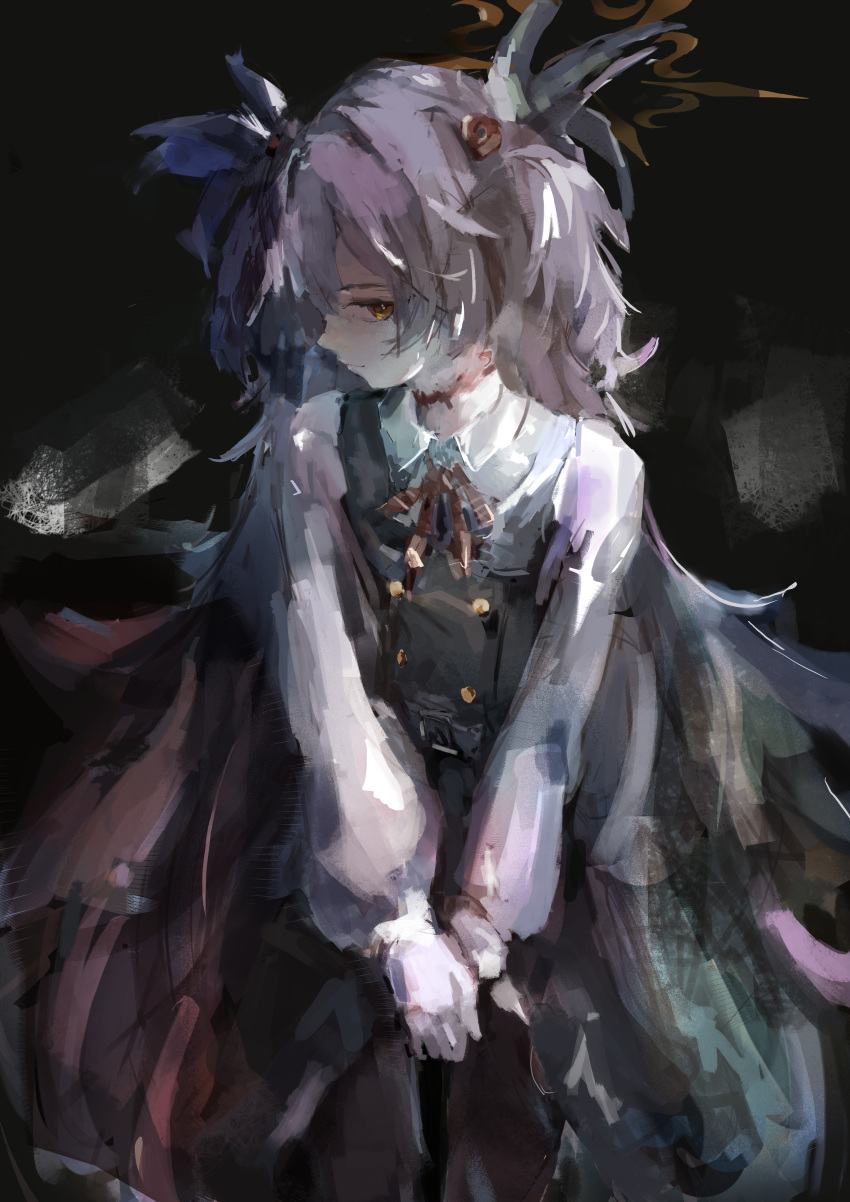 1girl, absurdres, black_dress, black_pantyhose, blue_archive, brown_halo, brown_ribbon, closed_mouth