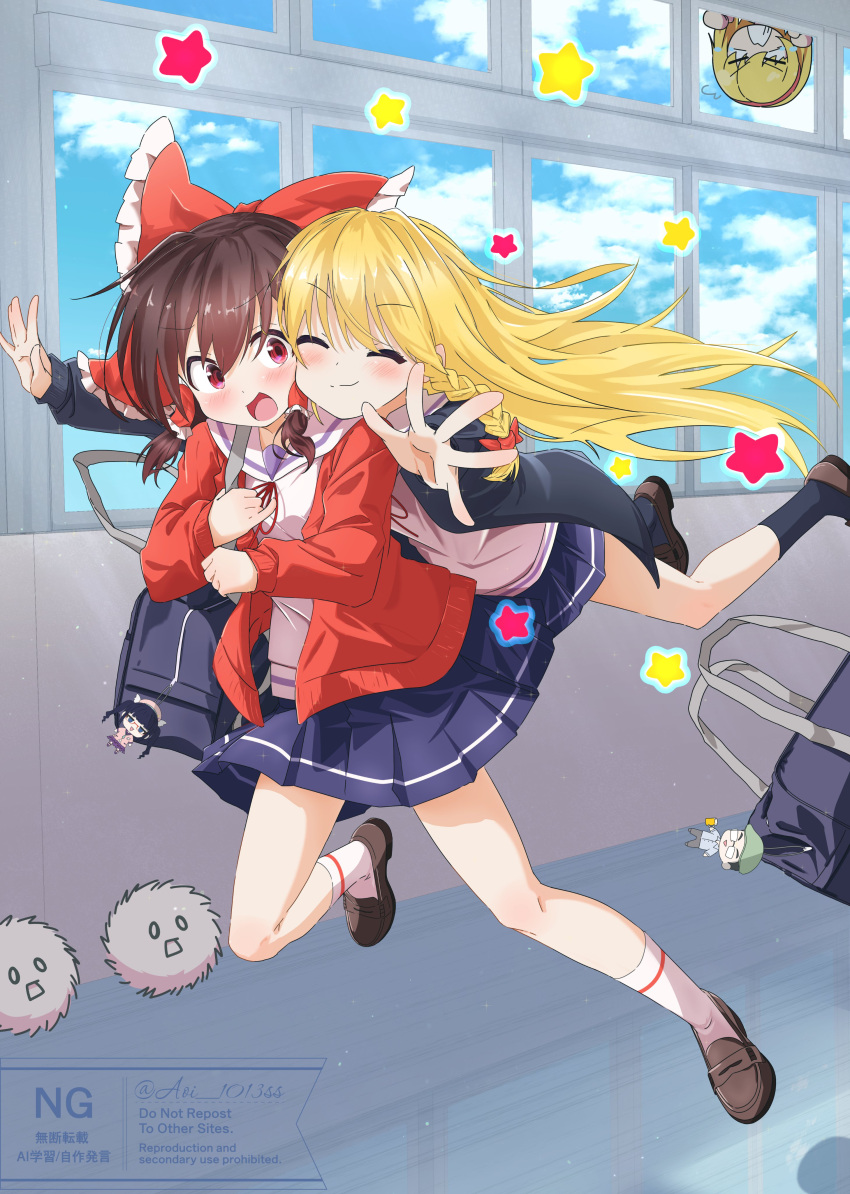 3girls, :o, ^_^, absurdres, alice_margatroid, aoi_1013ss, beat_mario_(vtuber), black_jacket