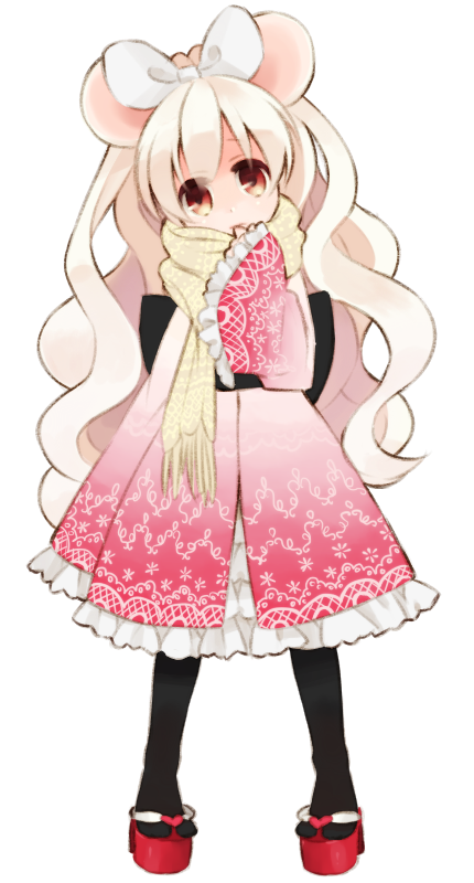 black_legwear, blonde_hair, bow, emdo_(norabbit), finger_to_mouth, frills, hair_bow, japanese_clothes, kimono, long_hair, mouse_ears, nezubi, original, pantyhose, red_eyes, sandals, transparent_background