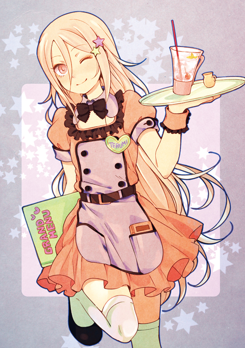 blonde_hair, bow, child, crossdressinging, dress, drink, ediblepanda, inazuma_eleven, inazuma_eleven_(series), long_hair, menu, red_eyes, shota, smile, straw, thigh-highs, thighhighs, trap, tray, very_long_hair, wink