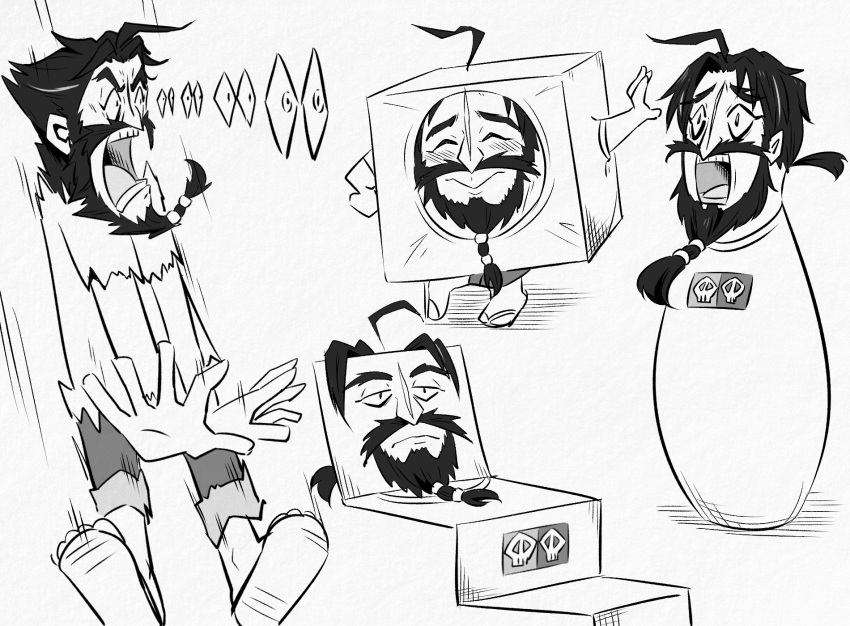 1boy, ahoge, beard, blush, bulging_eyes, closed_eyes, closed_mouth, commentary_request, crossed_legs, cube_tom_(meme), edward_teach_(fate), eye_pop, facial_hair, fate/grand_order, fate_(series), grey_background, greyscale, highres, low_ponytail, male_focus, meme, monochrome, multiple_views, mustache, neon-tetora, open_mouth, pants, ponytail, shirt, simple_background, smile, standing, thick_eyebrows, tom_and_jerry