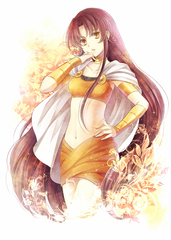 armband, brown_hair, cape, choker, collarbone, hagiwara_rin, hair_down, hand_on_hip, hand_to_mouth, heartcatch_precure!, hips, leaf, long_hair, midriff, navel, precure, sasorina, very_long_hair, yellow_eyes