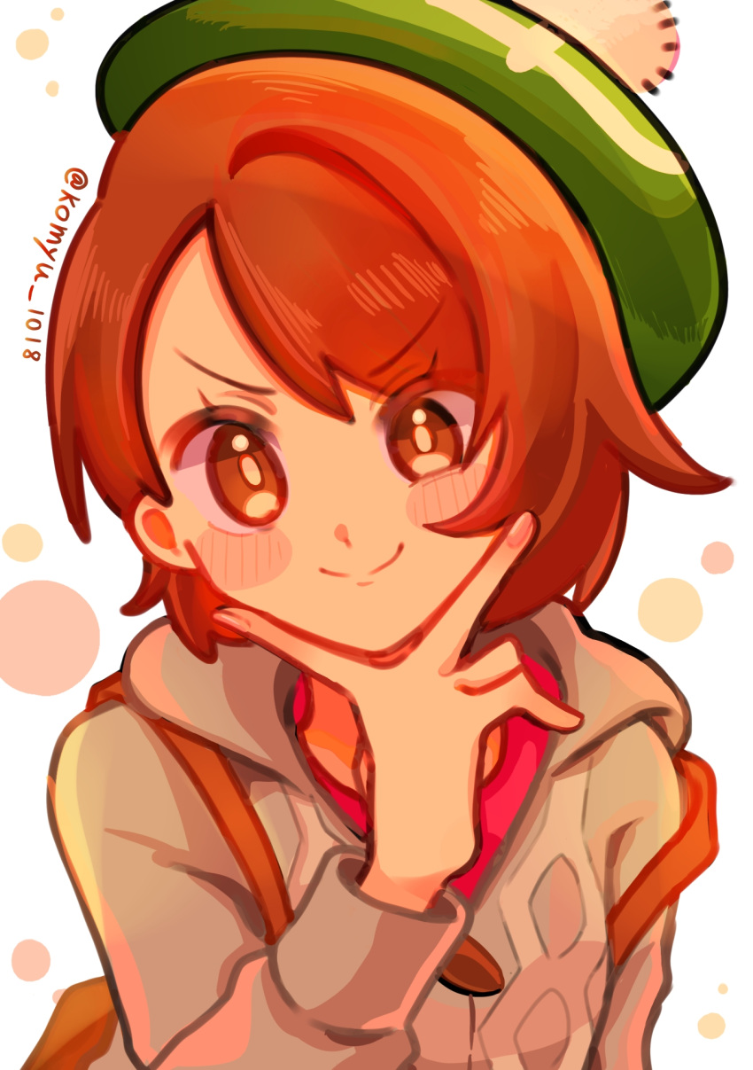1girl, blush_stickers, bright_pupils, brown_hair, cardigan, closed_mouth, commentary_request, dress