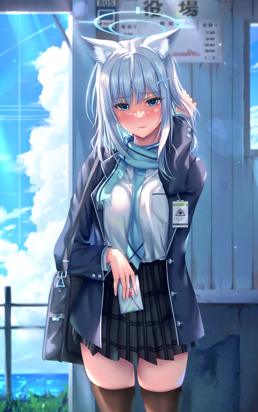 1girl, absurdres, animal_ear_fluff, animal_ears, bag, black_bag, black_skirt, black_thighhighs