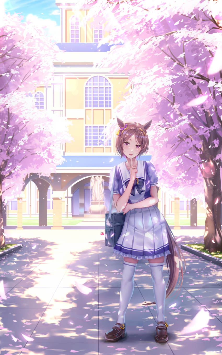 1girl, absurdres, animal_ears, bag, black_bag, blush, brown_hair, brown_shoes