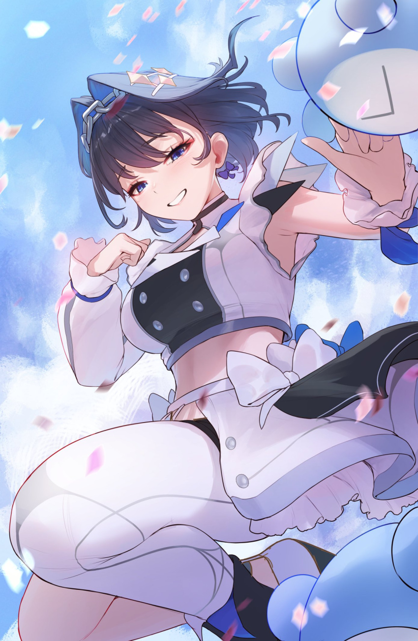 1girl, asymmetrical_sleeves, blue_eyes, blue_hair, blue_sky, bow, breasts, buttons