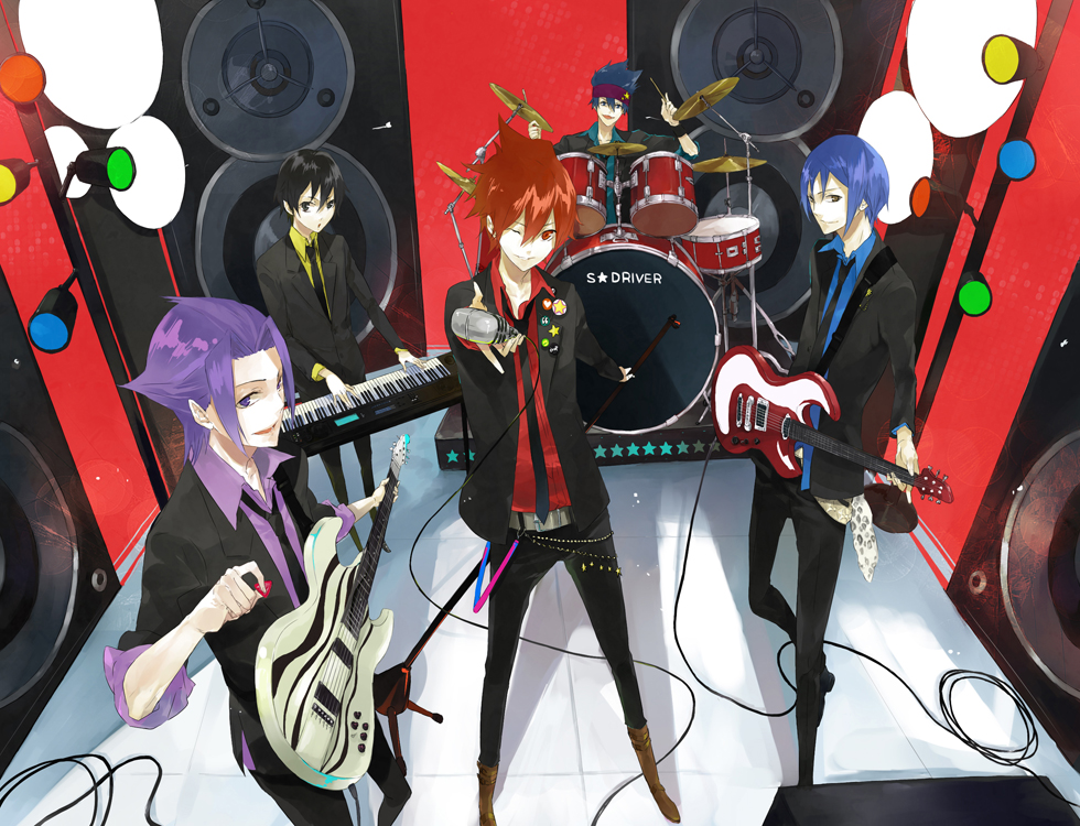 bad_id, black_hair, blue_hair, dai_takashi, drum, gouda_tetsuya, guitar, instrument