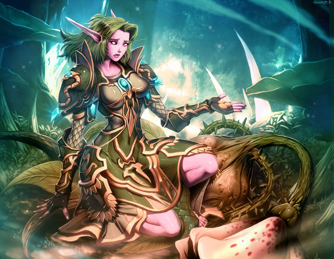 breasts, death, elf, fingerless_gloves, flower, forest, gauntlets, genzoman
