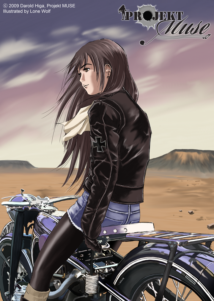 adalwolfa, adalwolfa_schulman, brown_hair, denim_skirt, from_behind, iron_cross, leather_jacket, lone_wolf