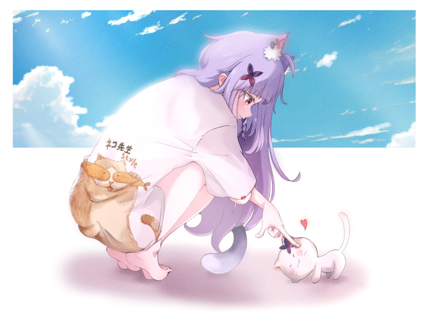 1girl, animal, animal_ears, animal_print, barefoot, cat, cat_ears, cat_girl, cat_print, cat_tail, extra_ears, finger_on_another's_head, full_body, highres, indie_virtual_youtuber, kumo_keki, long_hair, looking_at_animal, mikeneko_(vtuber), purple_hair, shirt, squatting, tail, virtual_youtuber, white_shirt