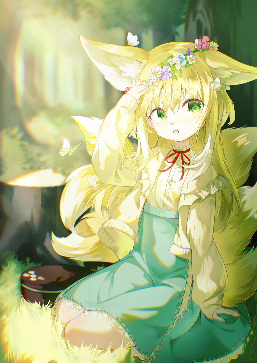 1girl, absurdres, amesa, animal_ears, arknights, bag, blonde_hair, blue_skirt