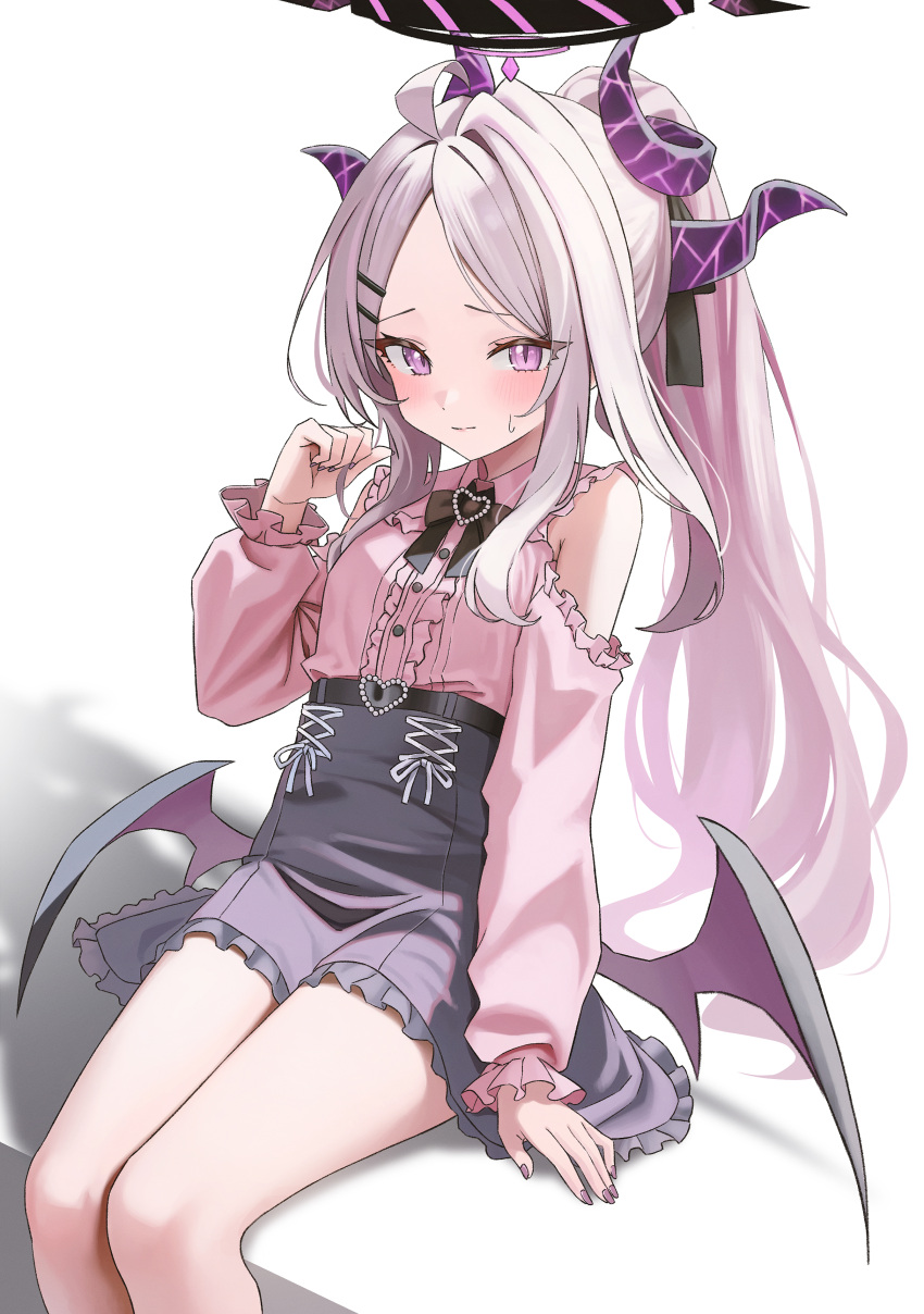 1girl, absurdres, ahoge, alternate_costume, alternate_hairstyle, black_bow, black_bowtie, black_halo, black_skirt, blue_archive, blush, bow, bowtie, collared_shirt, commentary_request, cowboy_shot, demon_girl, demon_horns, demon_wings, detached_sleeves, forehead, frilled_skirt, frills, hair_bow, hair_ornament, hair_ribbon, hairclip, halo, hibi2scus, high-waist_skirt, highres, hina_(blue_archive), horns, long_hair, long_sleeves, looking_at_viewer, nail_polish, parted_bangs, pink_shirt, ponytail, purple_nails, ribbon, shirt, sidelocks, simple_background, sitting, skirt, solo, sweatdrop, violet_eyes, wavy_hair, white_background, white_hair, wings
