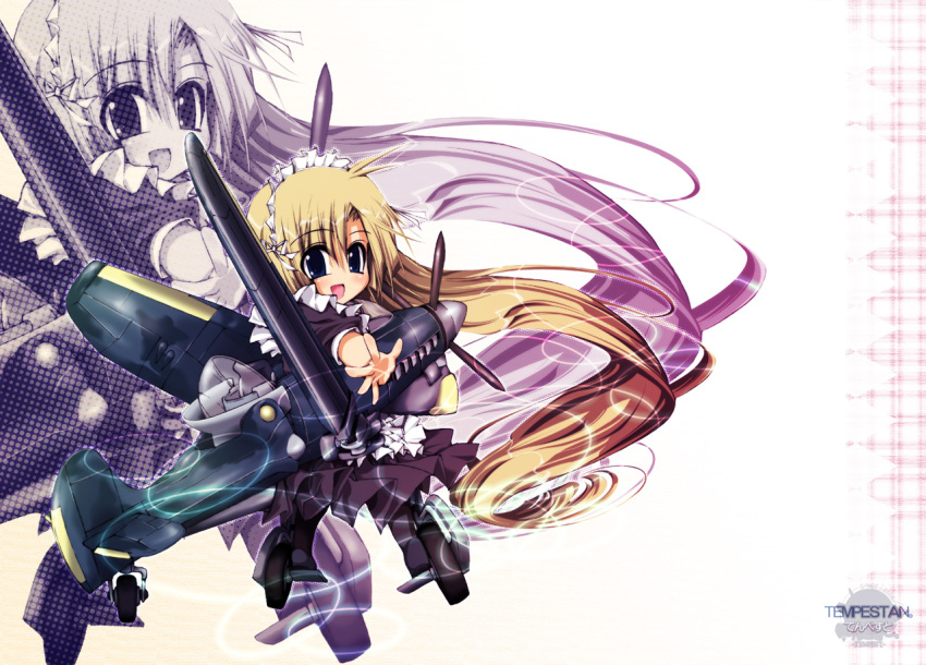 bad_id, blonde_hair, chibi, dragonmaterial, hawker_tempest, long_hair, looking_back, maid, maid_headdress, mecha_musume, military, open_mouth, original, outstretched_arm, personification, propeller, reaching, solo, very_long_hair, world_war_ii, wwii, zoom_layer