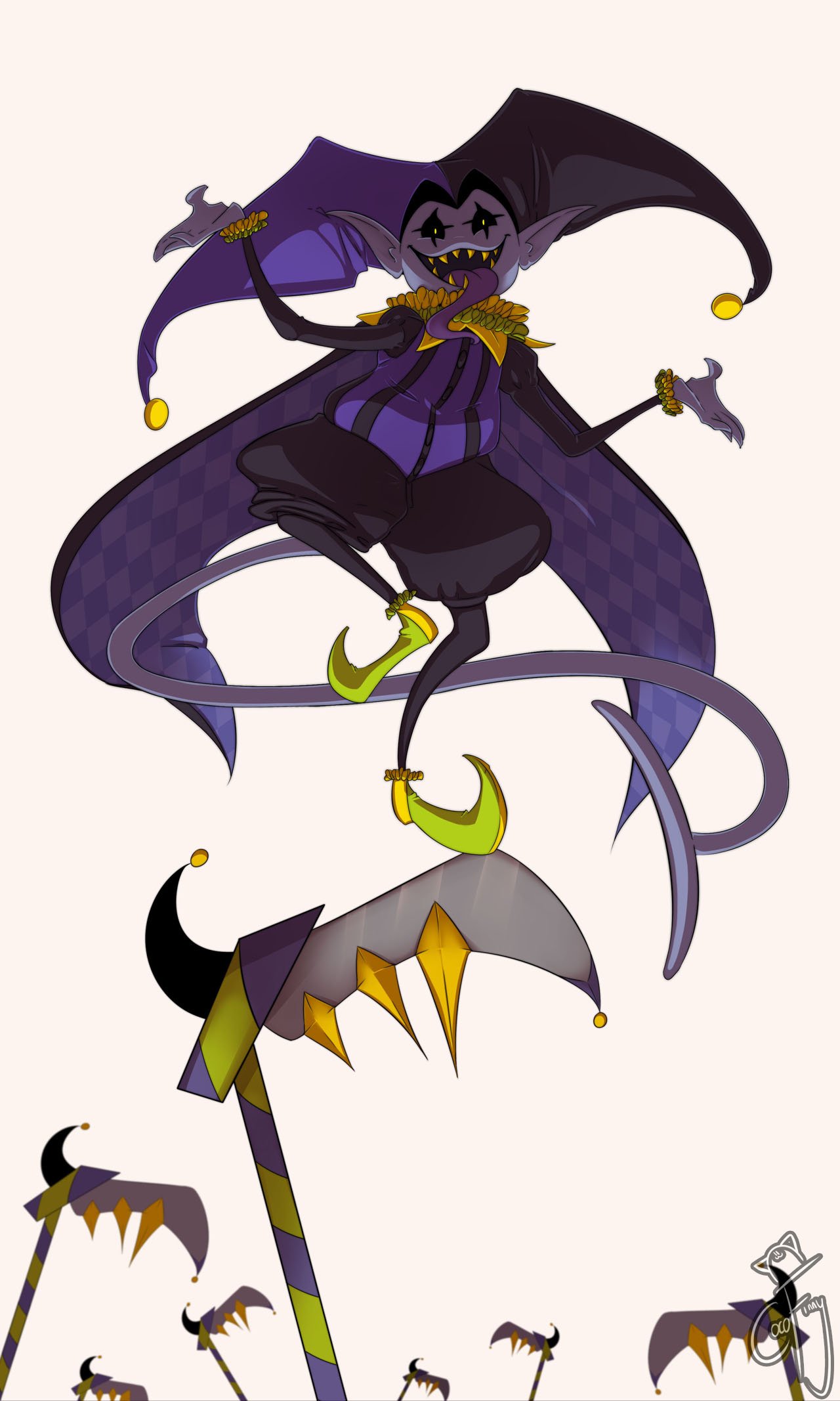1boy, 2018, 2d, artist_name, black_cape, black_sclera, cape, cocofinny, colored_sclera, colored_tongue, deltarune, devilsknife_(deltarune), digital_media, full_body, hat, highres, humanoid, imp, jester, jevil, jevilstail, looking_at_viewer, male, male_focus, male_only, outstretched_arms, pointy_ears, purple_skin, purple_tongue, scythe, sharp_teeth, signature, simple_background, solo, tail, teeth, tongue, tongue_out, two-tone_cape, utdr_(toby_fox), weapon, white_background, yellow_teeth