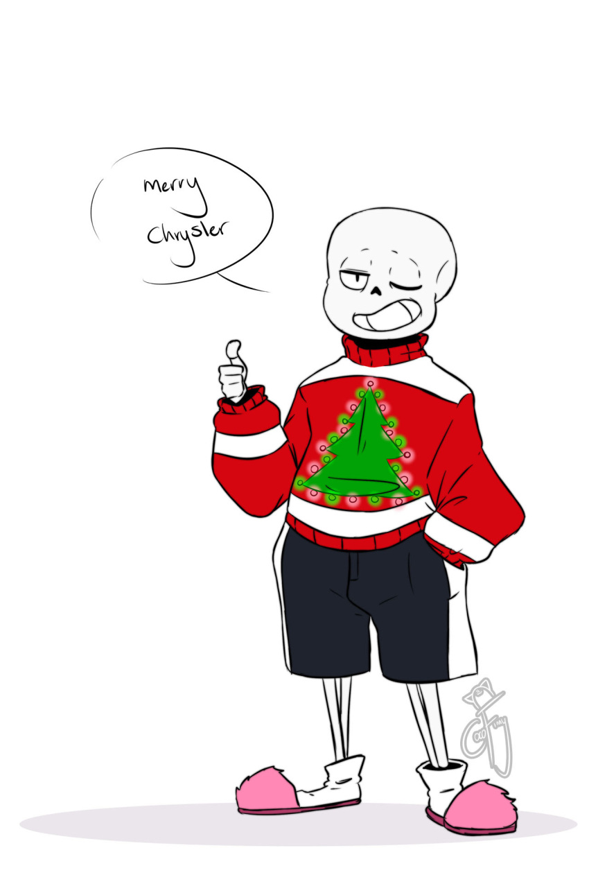 1boy, 2018, 2d, artist_name, black_shorts, christmas, christmas_sweater, christmas_tree_print, cocofinny, digital_media, english_text, full_body, highres, humanoid, male, male_focus, male_only, merry_christmas, monster, monster_boy, pink_slippers, red_sweater, sans_(undertale), shorts, signature, simple_background, skeleton, slippers, socks, solo, speech_bubble, standing, striped_shorts, sweater, teeth, text, undead, undertale, utdr_(toby_fox), vertical-striped_clothes, vertical-striped_shorts, white_background, white_socks