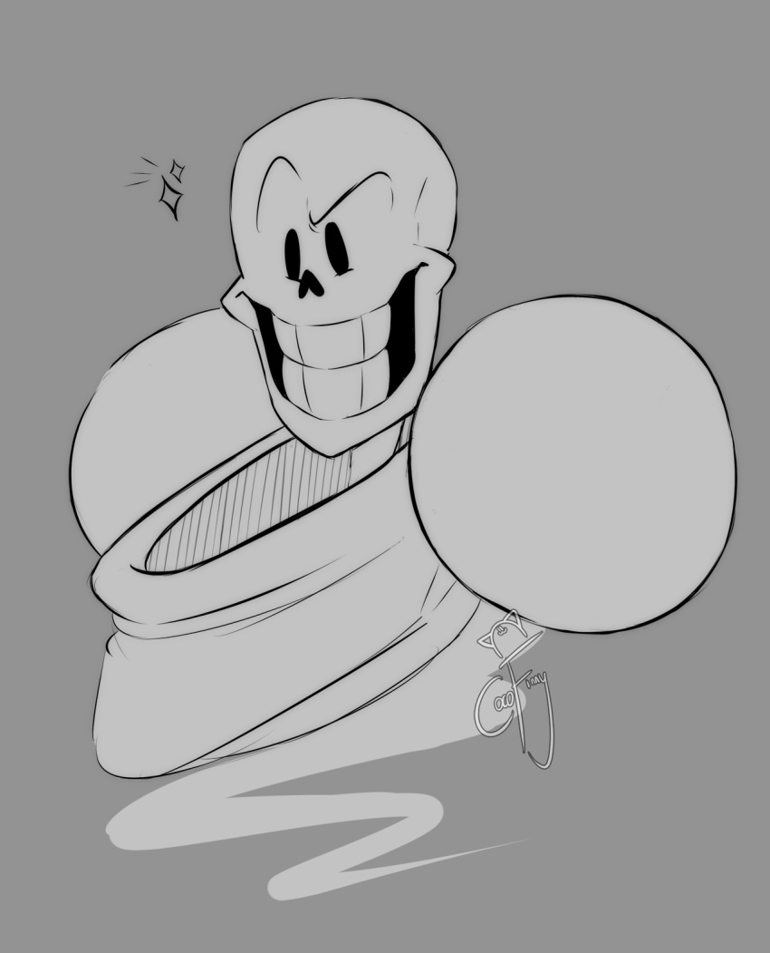 1boy, 2019, 2d, artist_name, cape, cocofinny, cropped_shoulders, digital_media, grey_background, grey_theme, humanoid, male, male_focus, male_only, monochrome, monster, monster_boy, papyrus_(undertale), pauldrons, signature, simple_background, skeleton, solo, sparkle, teeth, undead, undertale, utdr_(toby_fox)