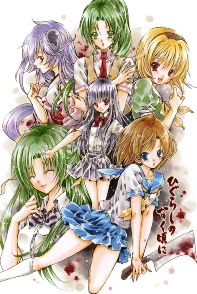 blood, closed_eyes, eyes_closed, finger_to_mouth, furude_rika, hanyuu, hatori_akiyo, higurashi_no_naku_koro_ni, houjou_satoko, machete, marker_(medium), multiple_girls, necktie, outstretched_arm, pleated_skirt, ponytail, pose, ryuuguu_rena, school_uniform, serafuku, short_sleeves, siblings, sisters, skirt, skirt_lift, smile, sonozaki_mion, sonozaki_shion, traditional_media, twins