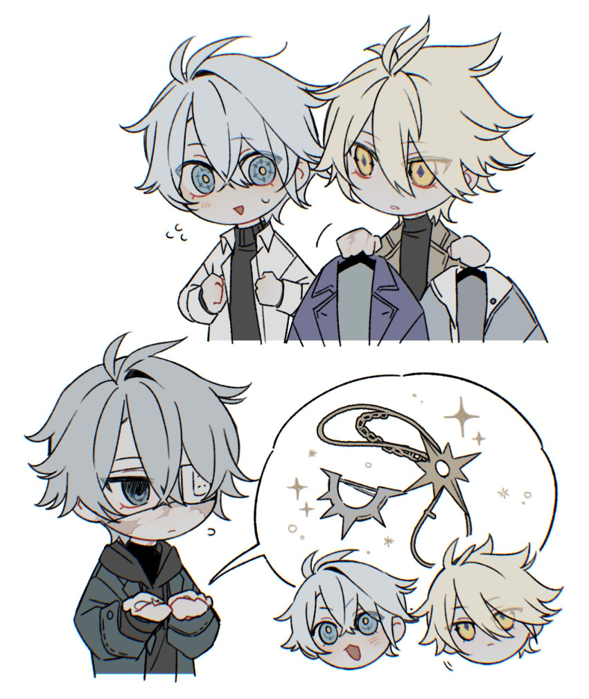 3boys, blonde_hair, blue_eyes, chibi, chibi_only, clothes_hanger, crossed_bangs, empty_eyes