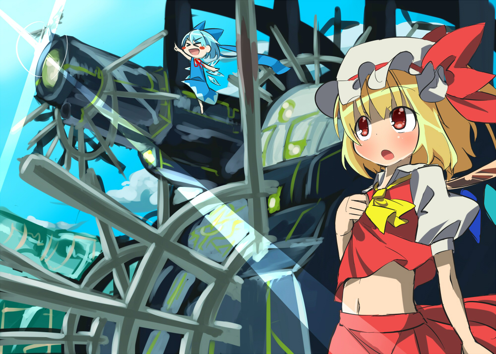 2girls, :o, ascot, blonde_hair, blue_hair, cannon, chibi, cirno
