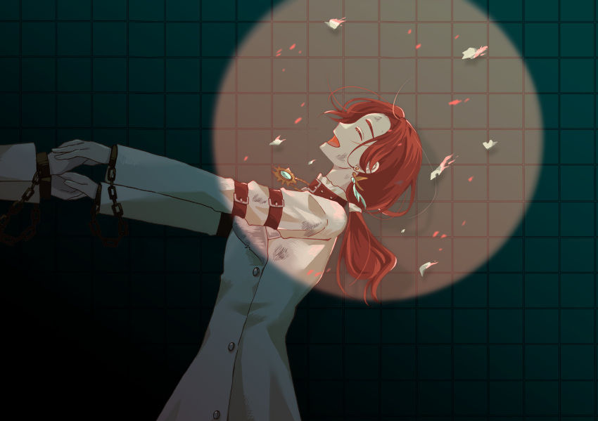 1girl, 1other, chain, closed_eyes, cuffs, facing_up, from_side, green_background