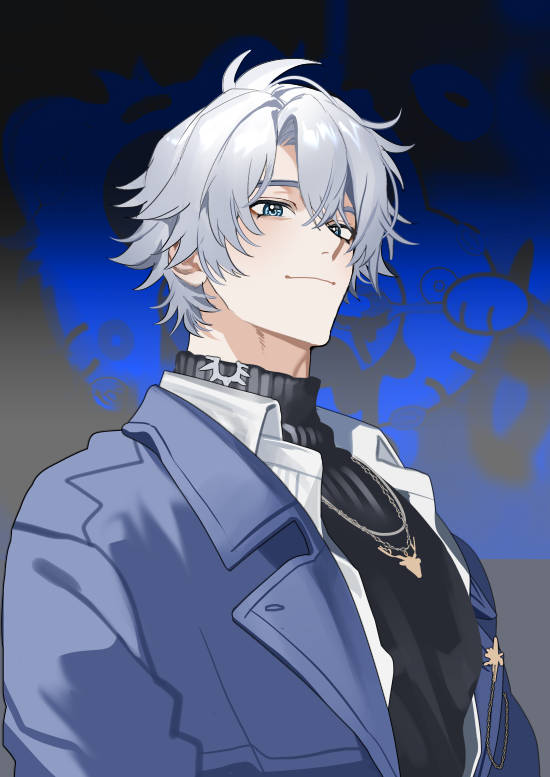 1boy, antenna_hair, black_sweater, blue_eyes, closed_mouth, coat, cosplay, grey_hair