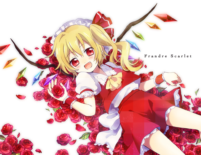 :d, ascot, blonde_hair, bow, fang, flandre_scarlet, flower, hair_bow