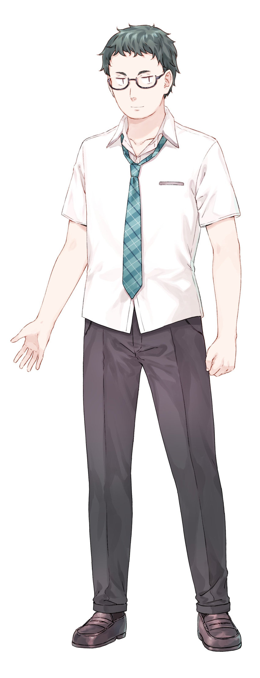 1boy, absurdres, aqua_necktie, black-framed_eyewear, black_hair, black_pants, brown_shoes, closed_mouth