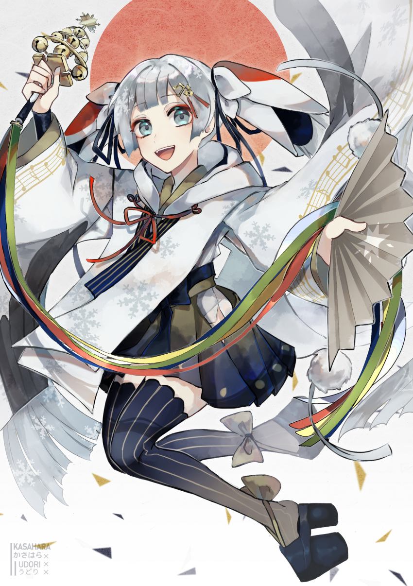 1girl, absurdres, bell, black_skirt, black_thighhighs, chihaya_(clothing), green_eyes, hair_ornament